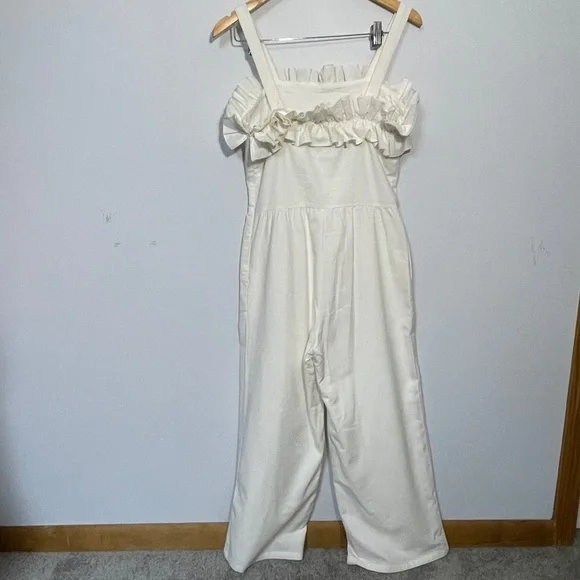 Lucca Ivory Linen Wide Leg Ruffled Jumpsuit with pockets size small - Picture 3 of 14